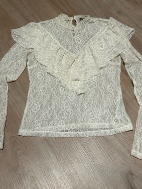 Forever 21 Cream Lace Ruffle High-Neck Blouse